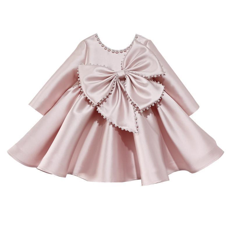 Baby Girl Pageant Big Bow Knot Pearl Long Sleeve Princess Dress