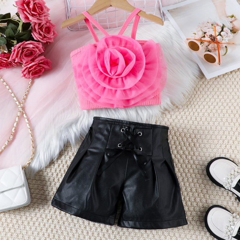 Girls Summer Flower Suspender PU Leather Shorts Two-piece Set