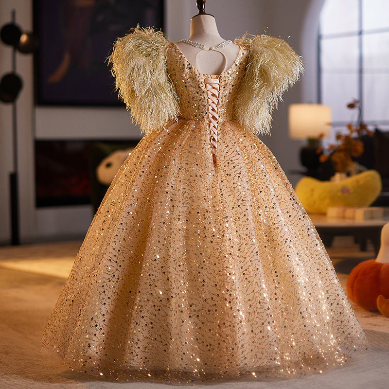 Girls Prom Evening Dress Children's Birthday Party Dress, Gold / 3-4 Years (110cm) Girls Prom Evening Dress Children's Birthday Party Dress, Gold / 3-4 Years (110cm)