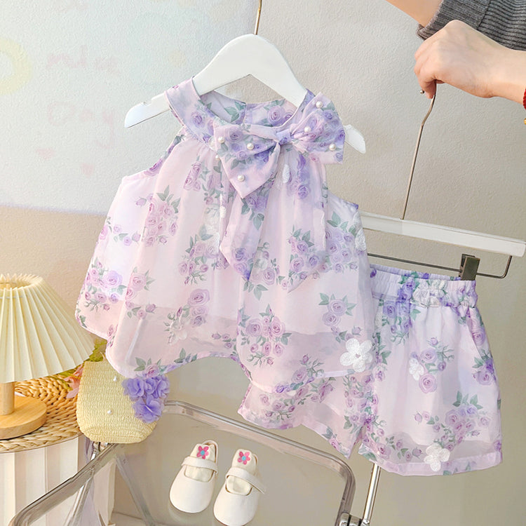 Girls Summer Thin Flower Top Shorts Two-piece Set
