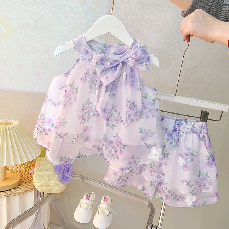 Girls Summer Thin Flower Top Shorts Two-piece Set