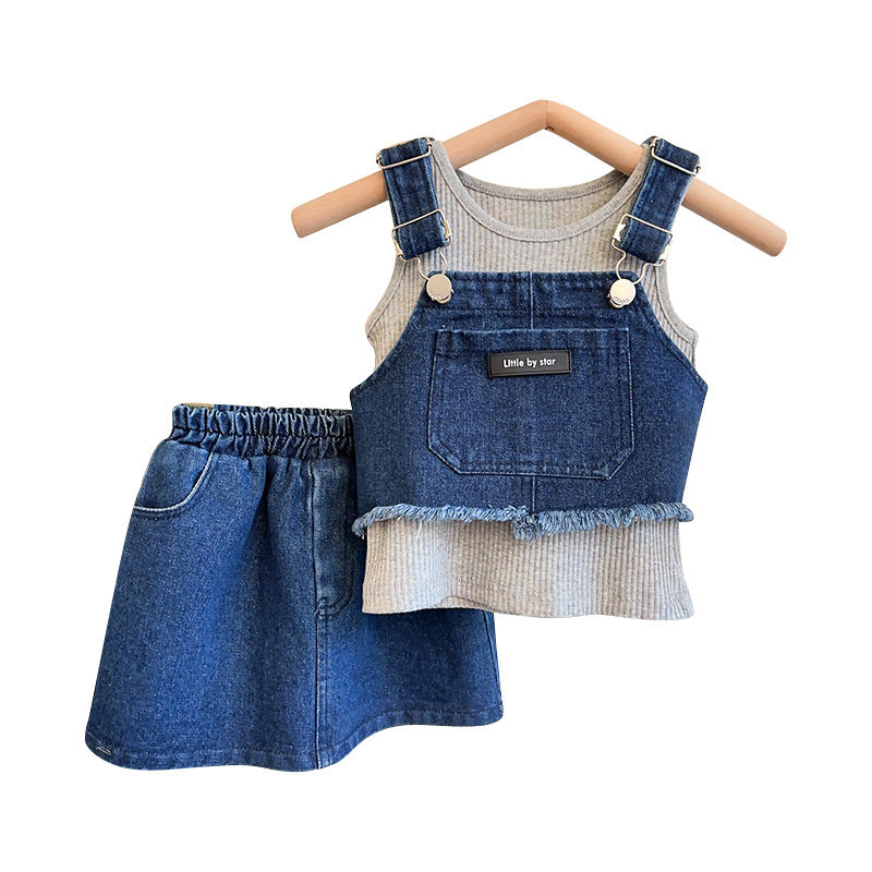 Cute Baby Girls' Three-piece Denim Skirt Suit