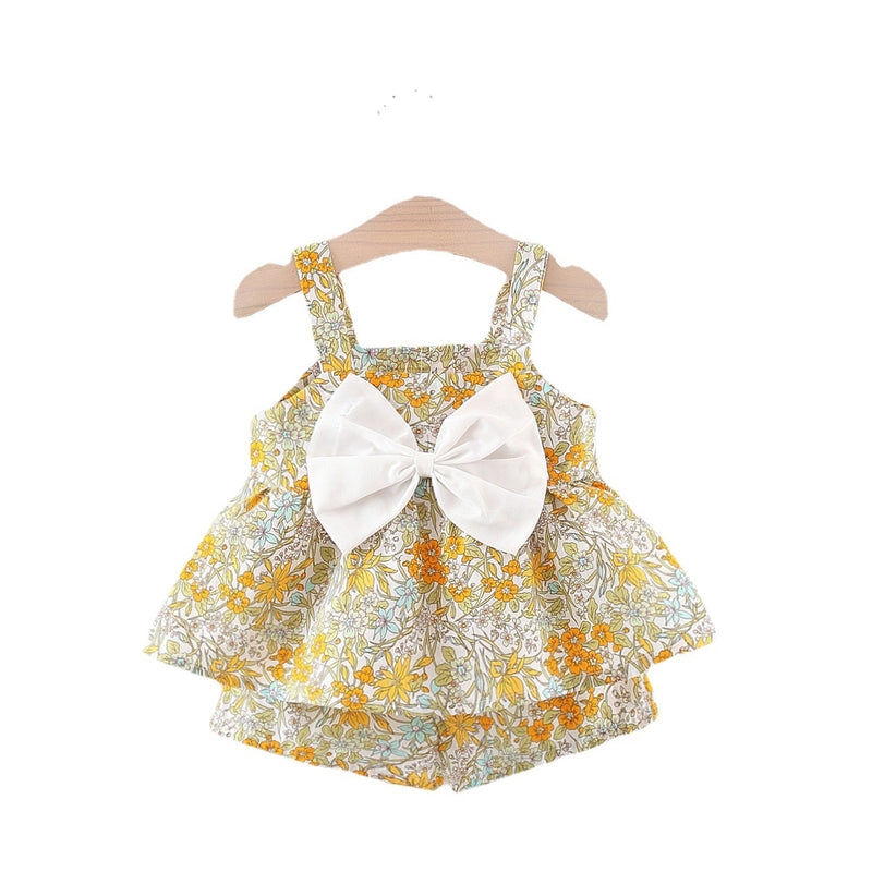 Girls Summer Suit Children's Suspender Shorts Floral Two-piece Suit
