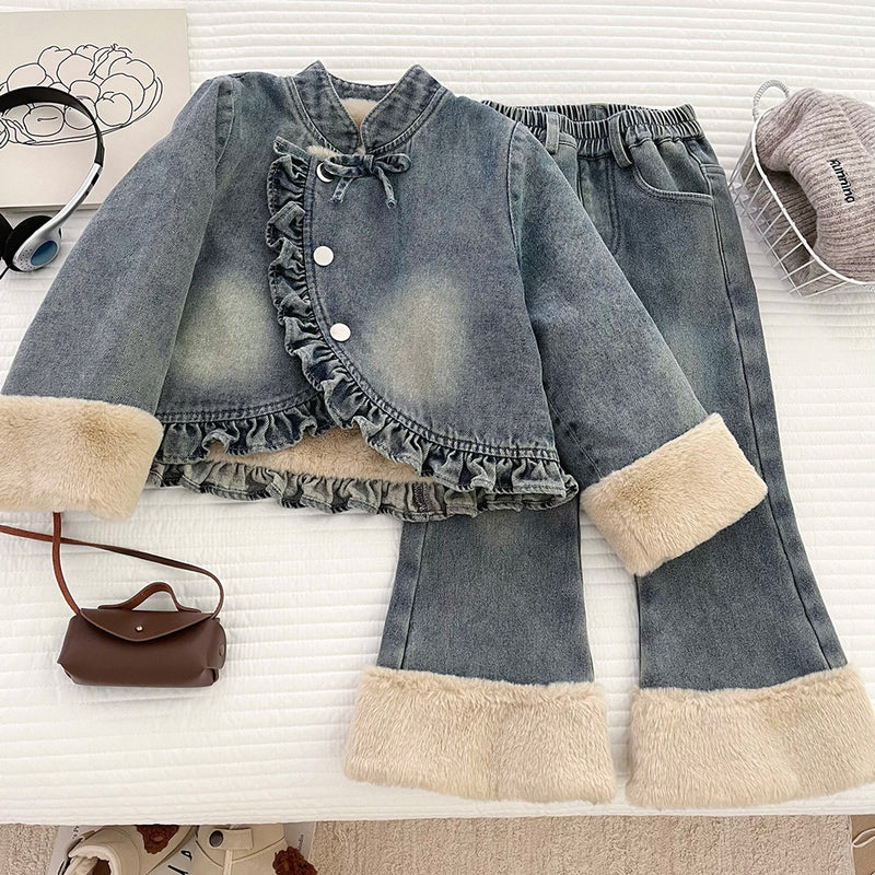 Girls' Winter Denim Jacket Flared Jeans Two-piece Set