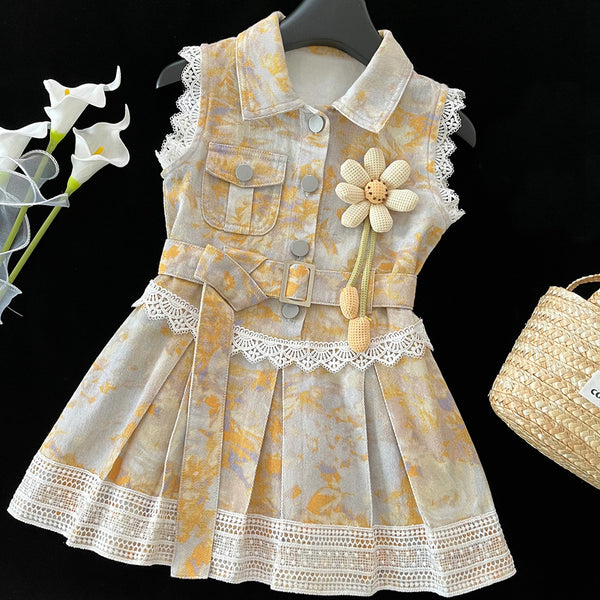 Girls Summer Sleeveless Denim Lapel Lace Princess Dress
