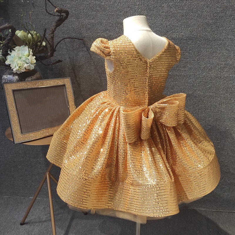 Elegant Baby Girl Gold Sequin Dress  Toddler First Communion Princess Dress