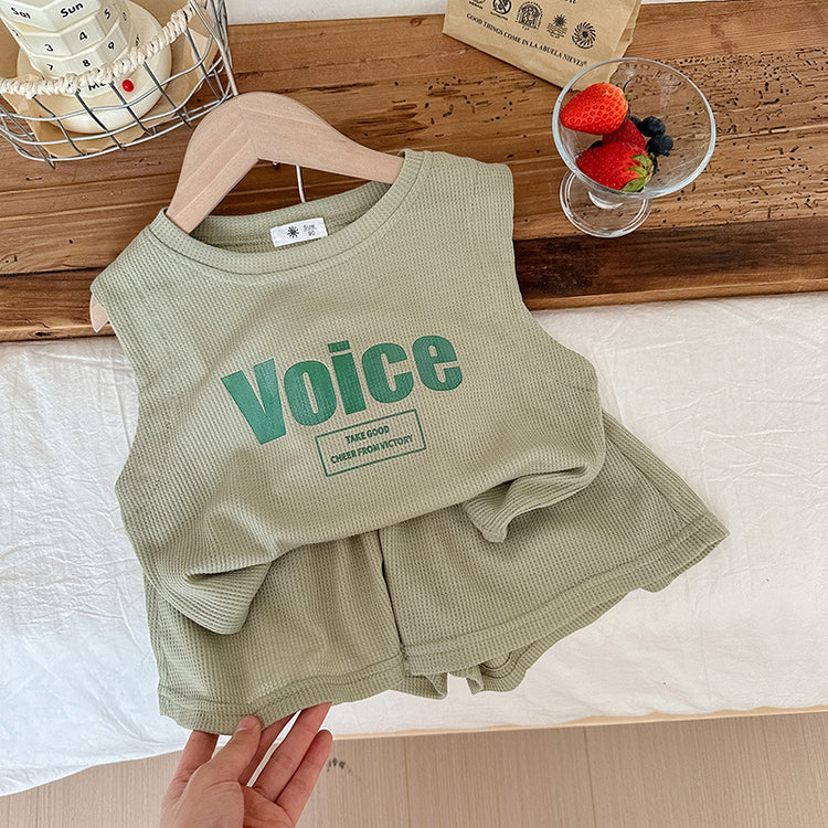 Girls Sleeveless Letter Printed Casual Waffle Two-Piece Suit