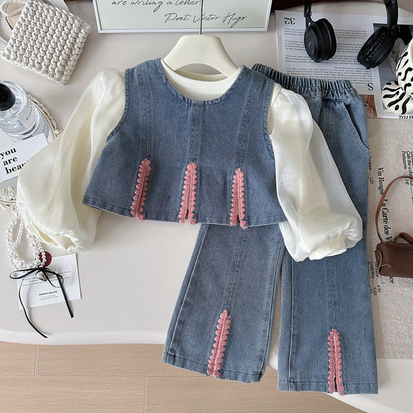 Girls Spring Vest Shirt Denim Wide-Leg Pants Three-Piece Set