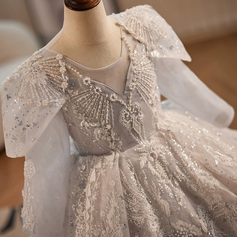 Elegant Baby Girls Jacquard Sequin Silver Long Sleeve Birthday Dress Toddler Pageant Dress