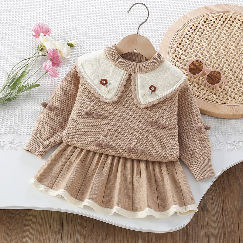 Girls' 3D Ball Flower Knitted Pullover and Short Skirt Two-Piece Set