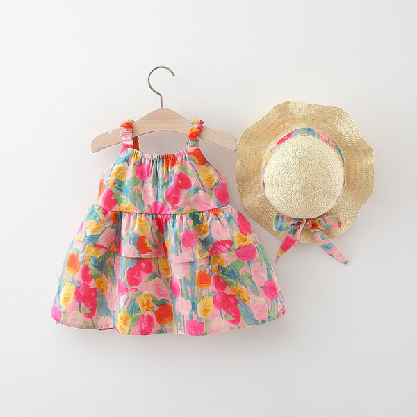 Summer New Girls Printed Suspender Cotton Cake Dress