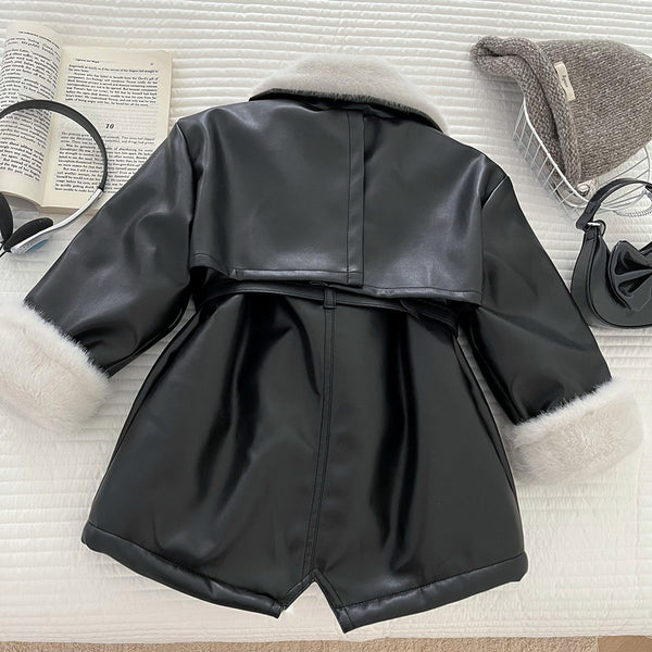 Girls' Winter Slim Fit Warm PU Leather Soft Coat