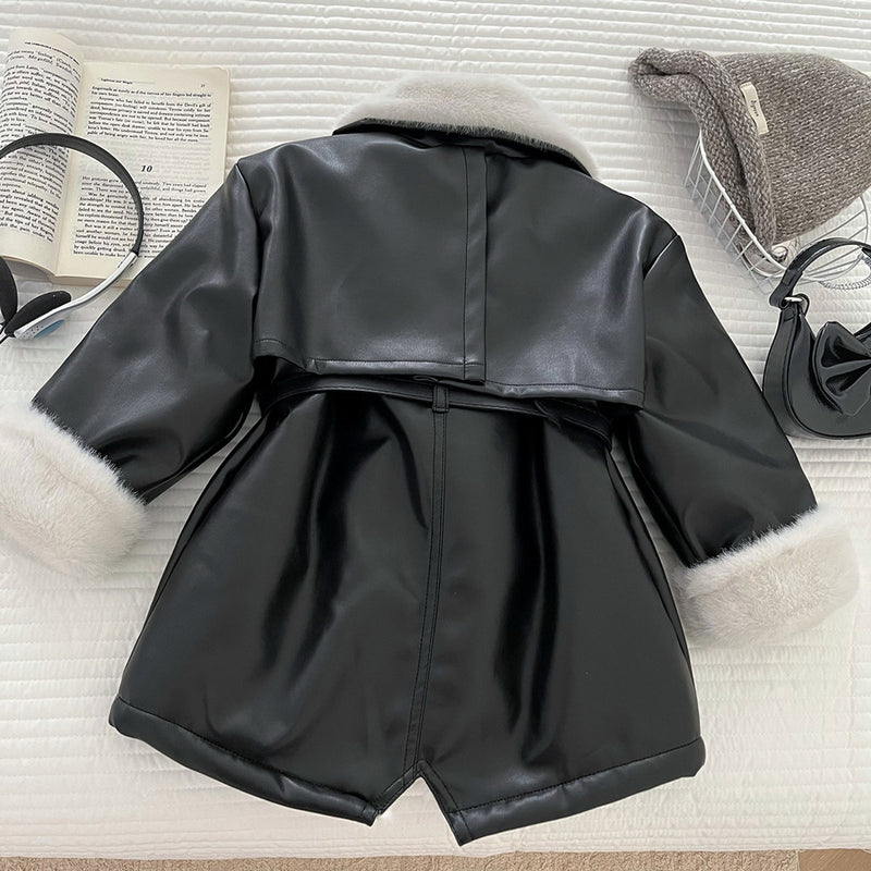 Girls' Winter Slim Fit Warm PU Leather Soft Coat