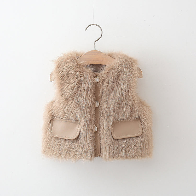 Girls' Winter Leather Pocket Single-Breasted Fur Vest