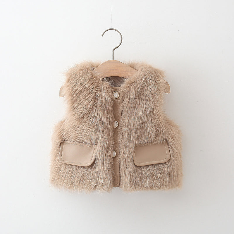 Girls' Winter Leather Pocket Single-Breasted Fur Vest