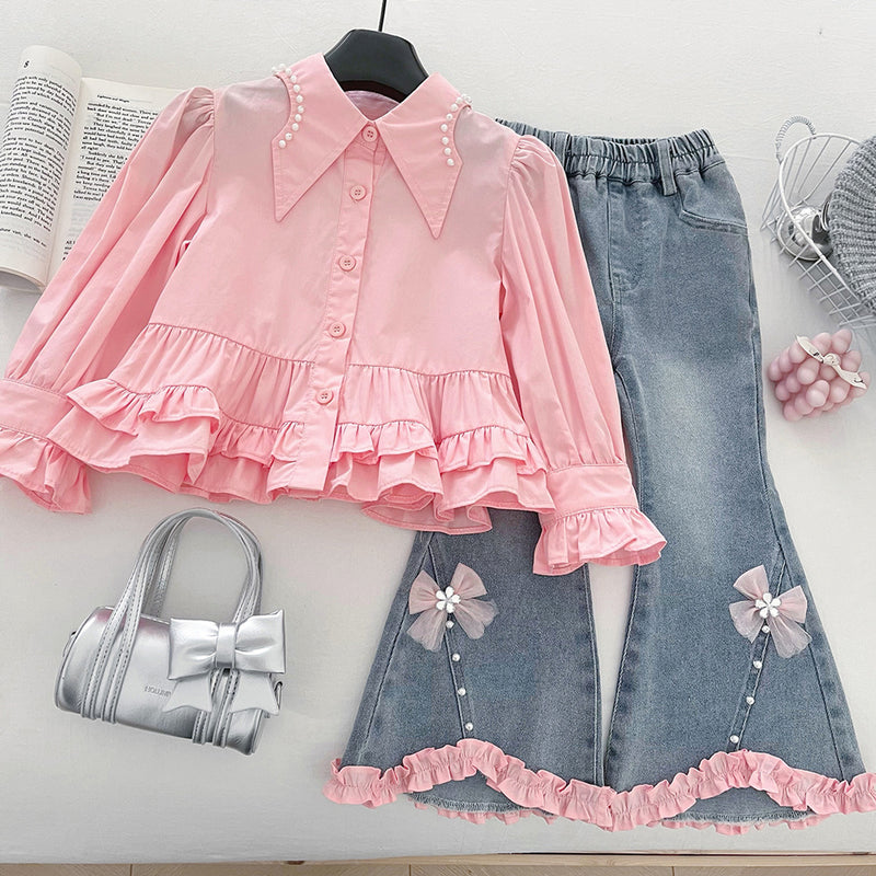 Girls' Autumn Love Vest Shirt Jeans Three-Piece Set