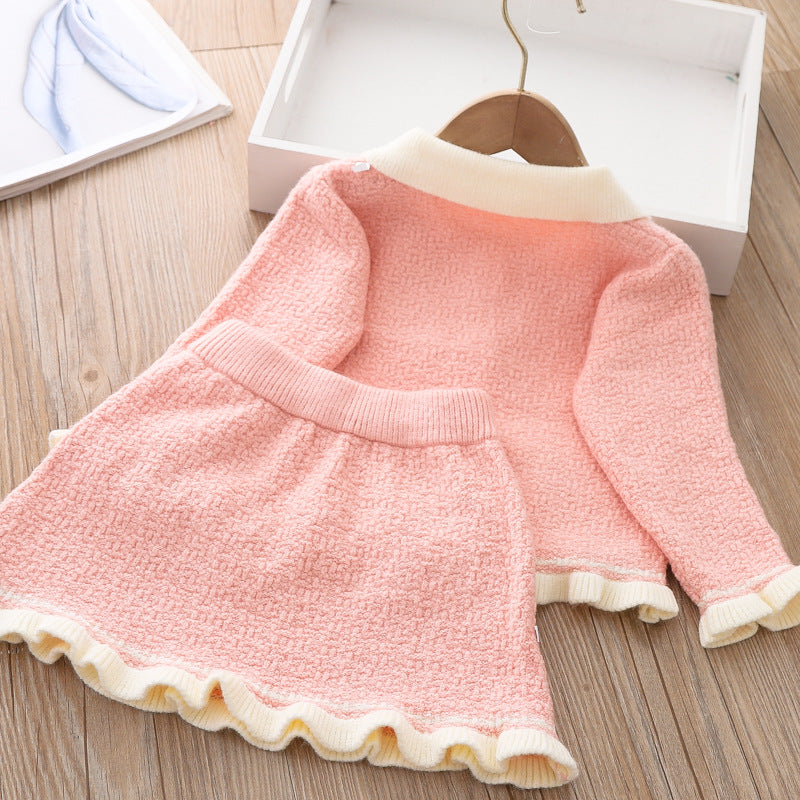 Cute Baby Girl Bow-knot Winter Dress Infant Knitted Sweater Two Piece Set Dress