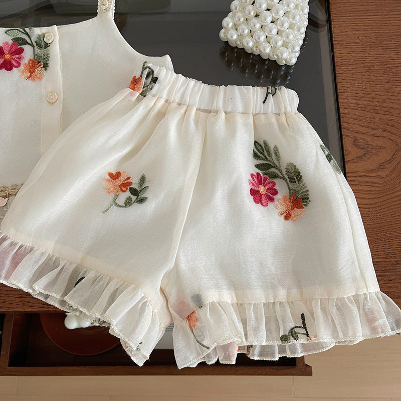 Girls Summer New Embroidered Suspender Shorts Two-piece Suit