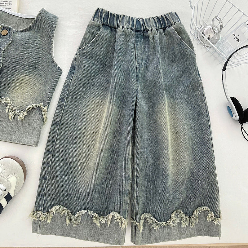 Girls' Denim Vest Shirt and Wide-leg Jeans Three-piece Set
