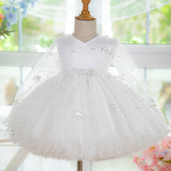 Elegant Baby White Mesh First Communion Dress Toddler Christening Dress