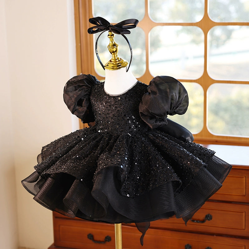 Black Children's Birthday Dress Girls Puff Sleeve Princess Dress