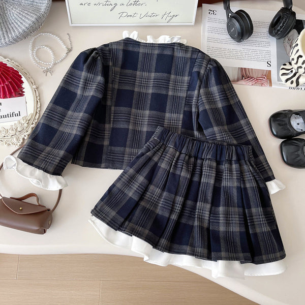 Girls' New Spring Plaid Jacket and Skirt Two-Piece Set