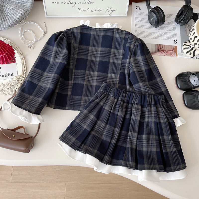 Girls' New Spring Plaid Jacket and Skirt Two-Piece Set
