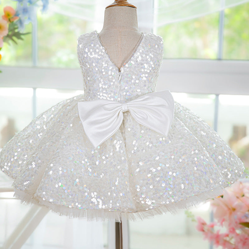 Elegant Baby White Sequined Puff Princess Dress Toddler Christening Dress