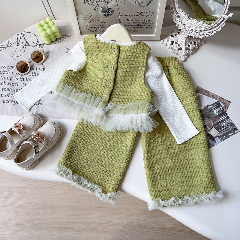 Girls' New Mesh Lace Knitted Vest Wide-leg Pants Two-piece Set