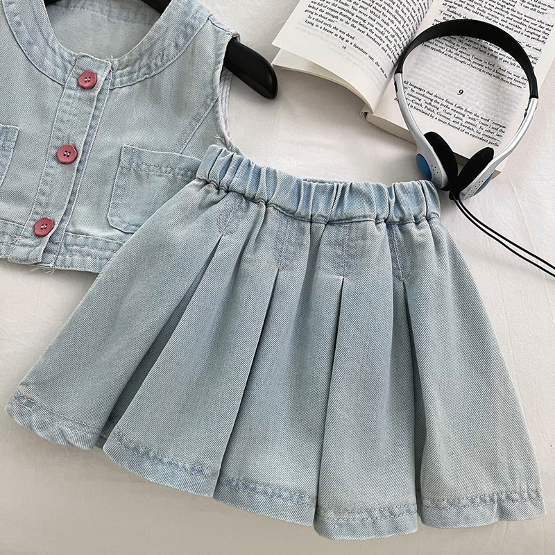 Girls Summer Thin Soft Denim Vest Skirt Two-piece Set