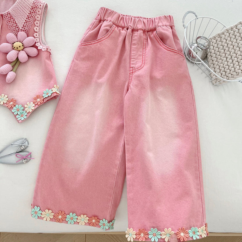 New Autumn Girls' Denim Vest Bottoming Shirt and Trousers Three-piece Set