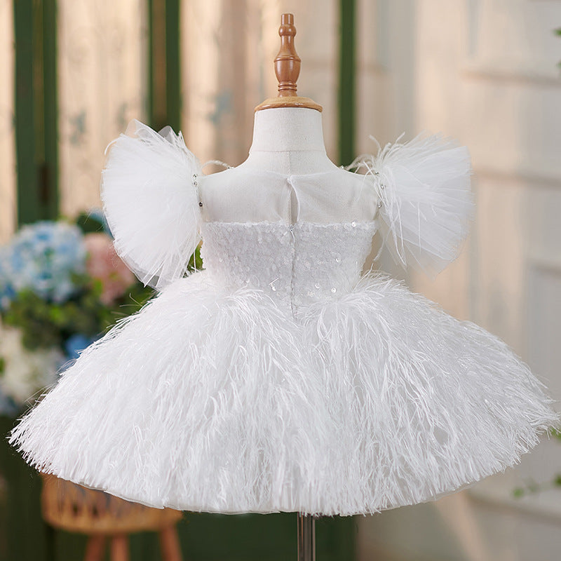 Baby Girl Formal Feather Dress Girl White Fluffy Prom Communion Princess Dress