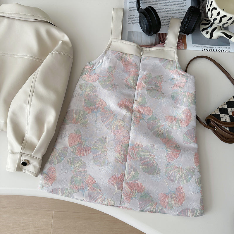 Girls' PU Leather Jacket and Printed Suspender Skirt Two-piece Set