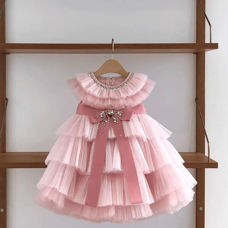 Elegant Baby Pink Bow Cake Birthday Dress Toddler First Birthday Dress