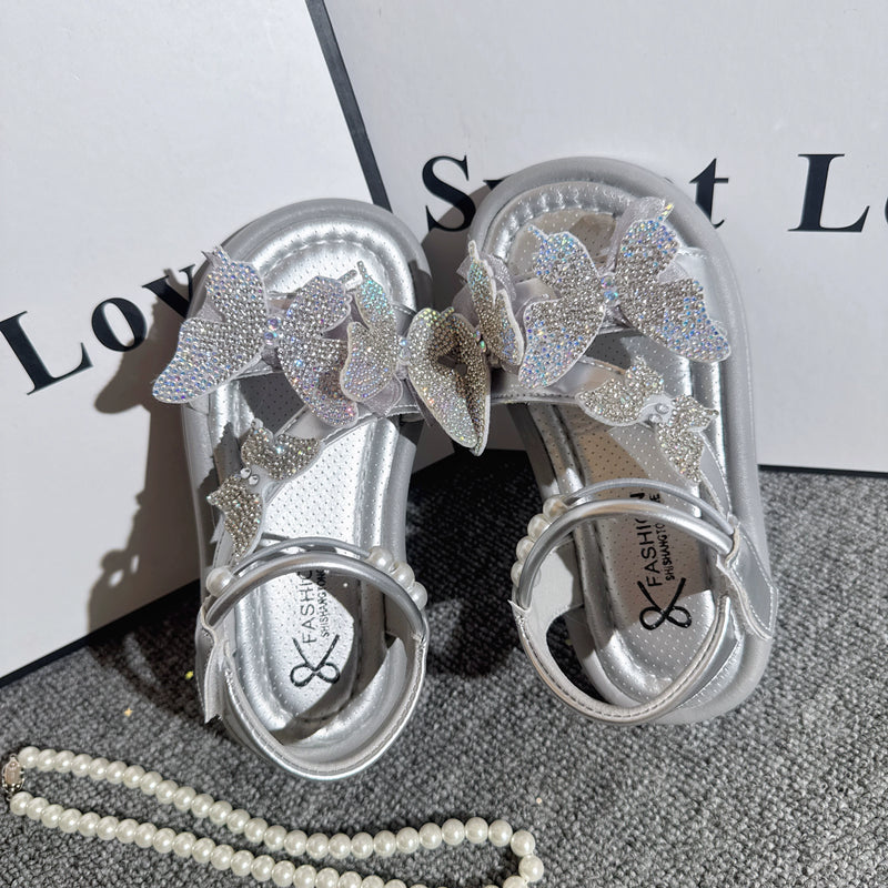 Girls Butterfly Sequins Sandals Summer Pearl Bow Princess Shoes