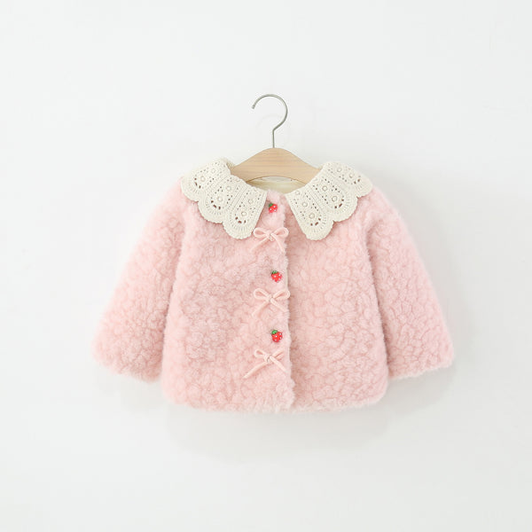 Girls' Winter Strawberry Button Lace Coat