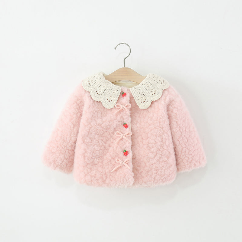 Girls' Winter Strawberry Button Lace Coat