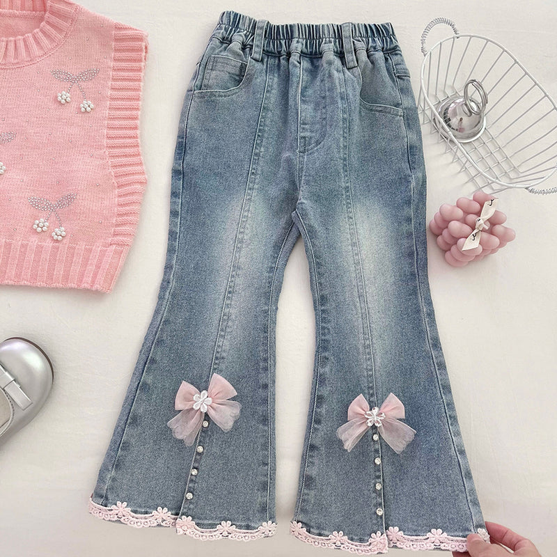 Girls' Beaded Shirt Knitted Vest Flared Jeans Three-Piece Set