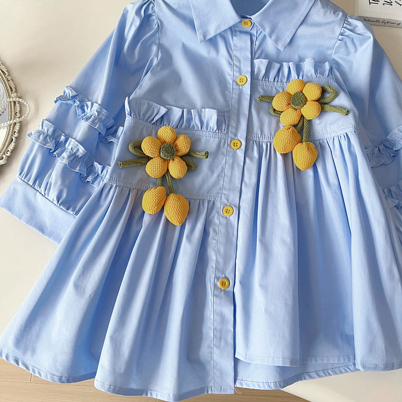 Girls' Sunflower Irregular Long-sleeved Shirt Dress