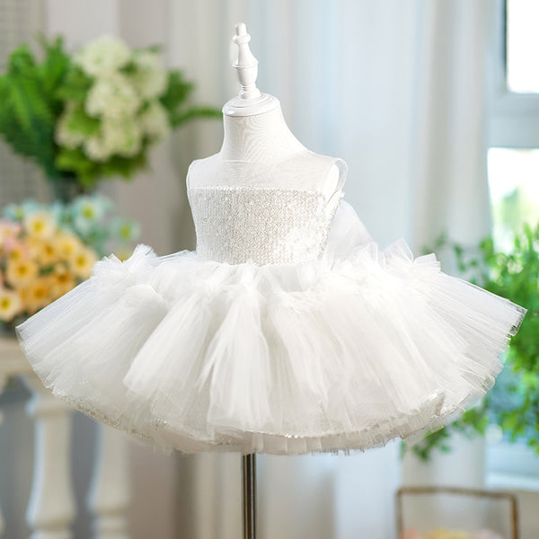 Girls White Birthday Princess Dress Flower Girl Wedding Sequin Dress