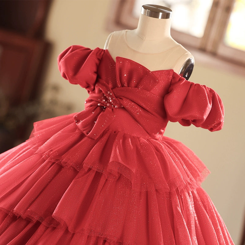 Red Girls Ball Dress Children's Birthday Puff Princess Dress