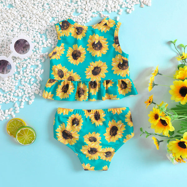 Girls Sunflower Print Ruffled Swimsuit Two-Piece Set