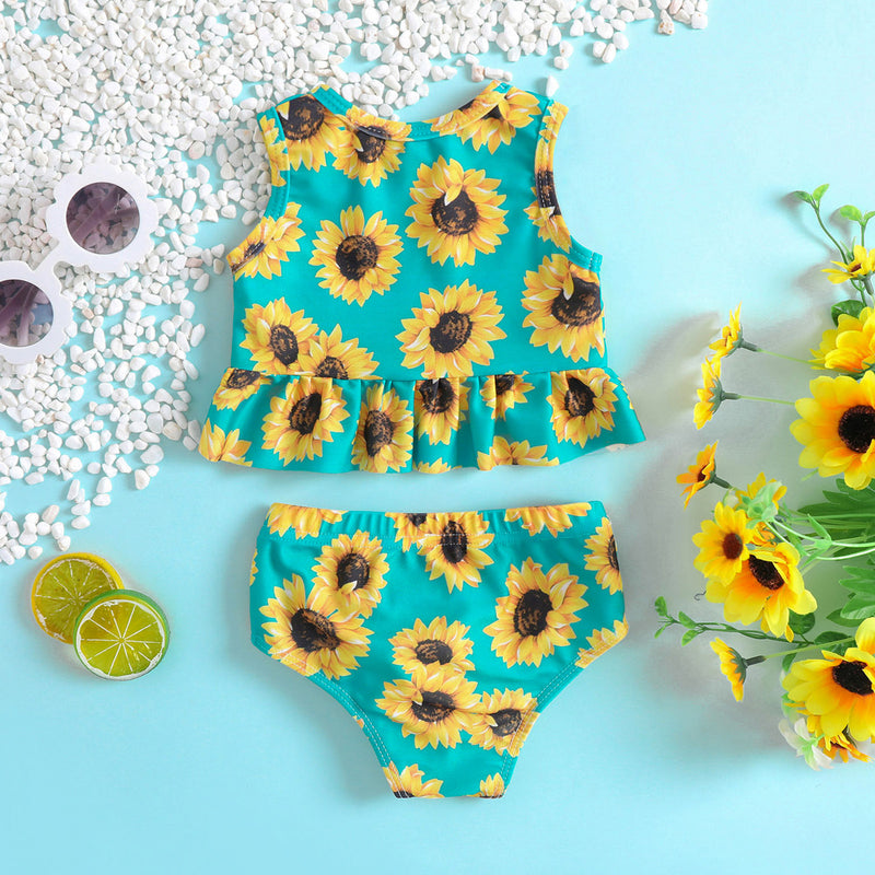 Girls Sunflower Print Ruffled Swimsuit Two-Piece Set