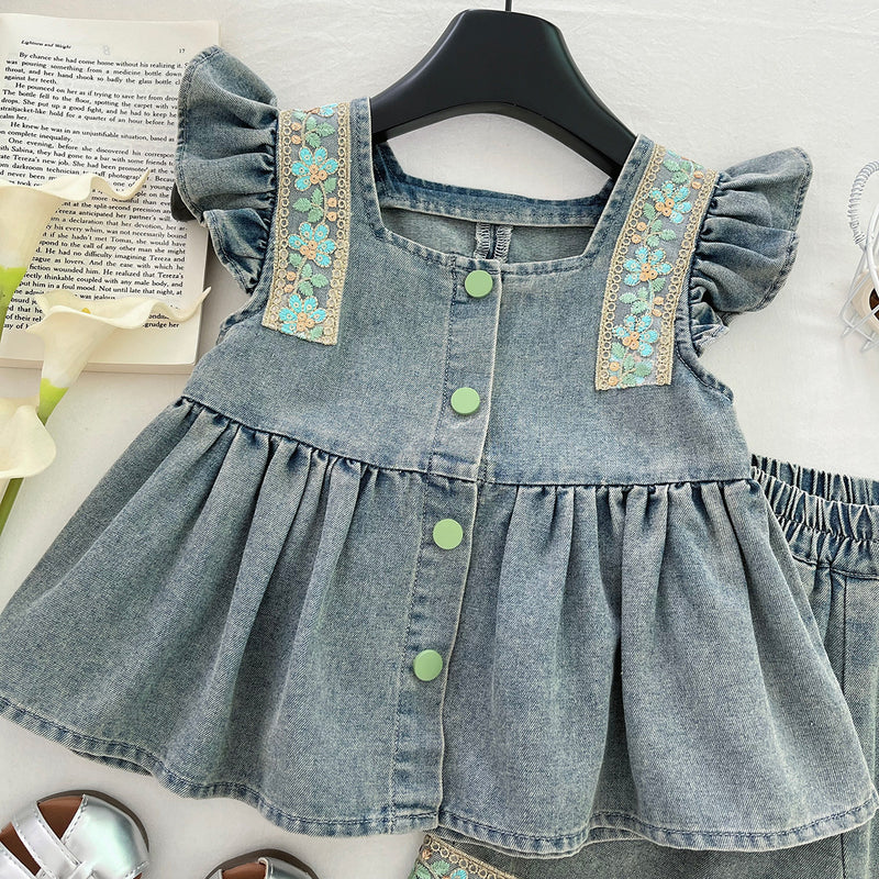 Girls' Summer Hollow Bow Denim Top and Shorts Two-piece Set
