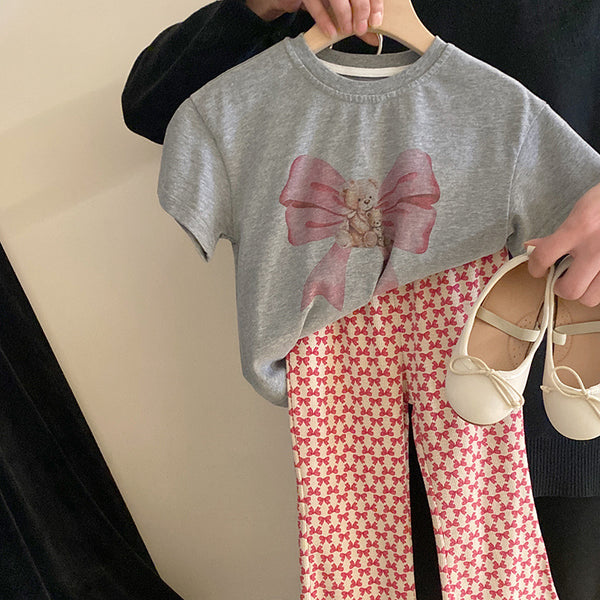 Cute Bow Short-sleeved Pattern Trousers Toddler Two Piece Set