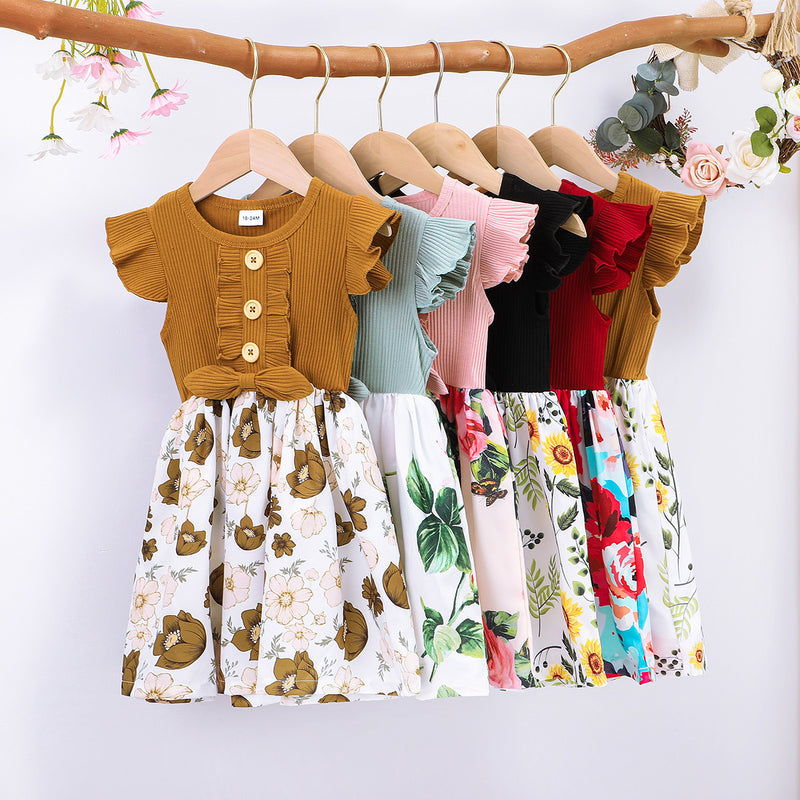 Summer Girls Flying Stitching Flower Print Dress