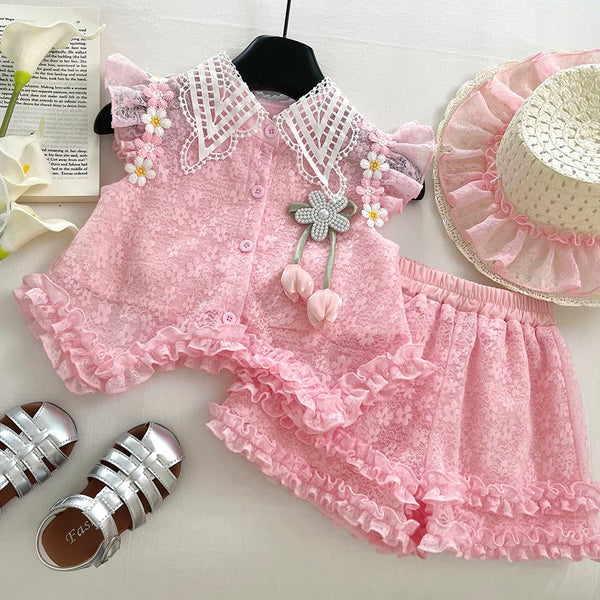 Summer Girls Flower Flying Sleeve Shirt Lace Shorts Two-piece Set