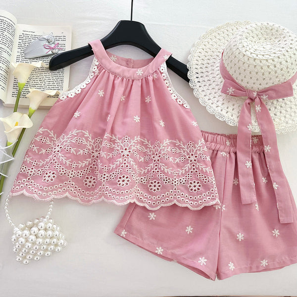 Girls' Summer Halter Neck Backless Bow Embroidered Top and Shorts Two-Piece Set