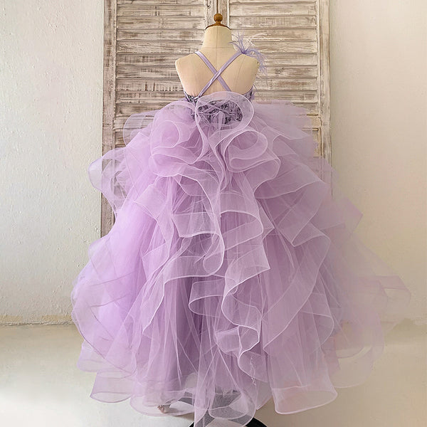 Elegant Baby Girls Purple Lace Mesh Strap Princess Dress Toddler Performance Puff Dress