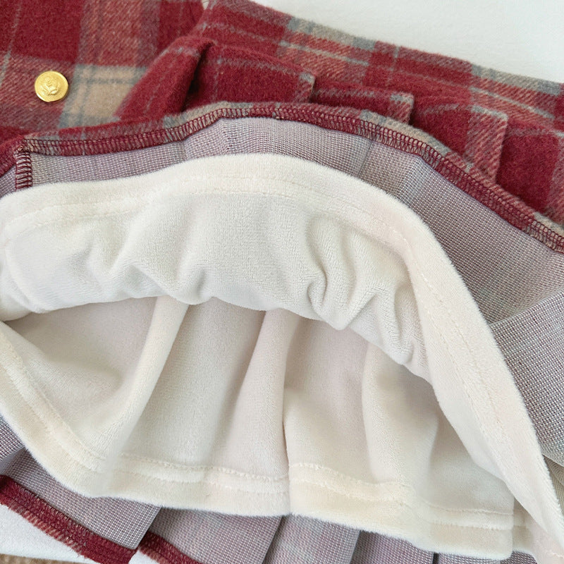 Girls' Winter Fleece-Lined Plaid Vest and Skirt Two-Piece Set